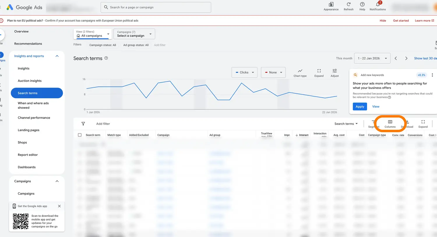 Click the Columns button in Google Ads